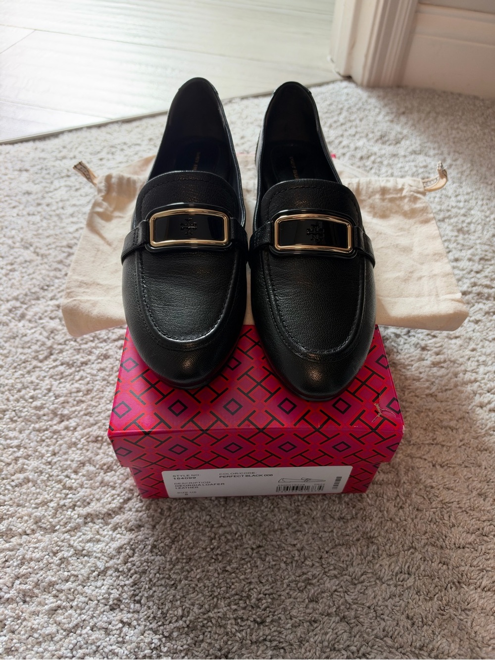 Tory Burch Black Leather Loafers with Gold Buckle-Size 8